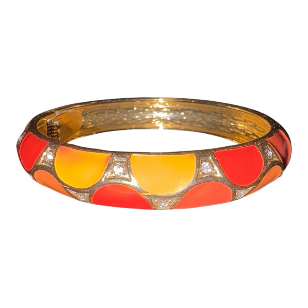 Vintage Enamel Hinged Bangle Bracelet Pink Orange w/Gold Tone & Rhinestones J13